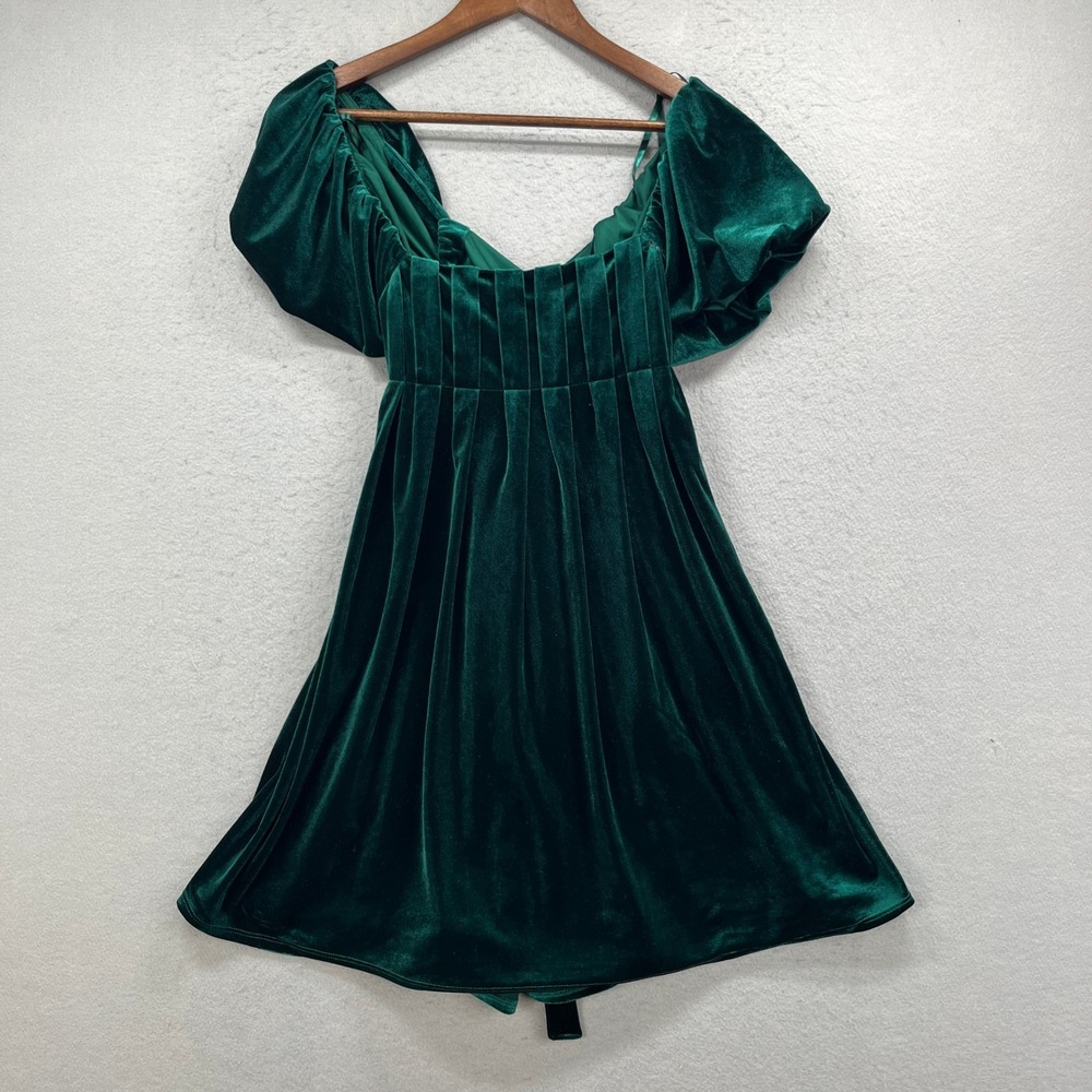 Bebop Dress Womens Medium Green Velvet Puff Sleeve Pleated Mini Holiday Party